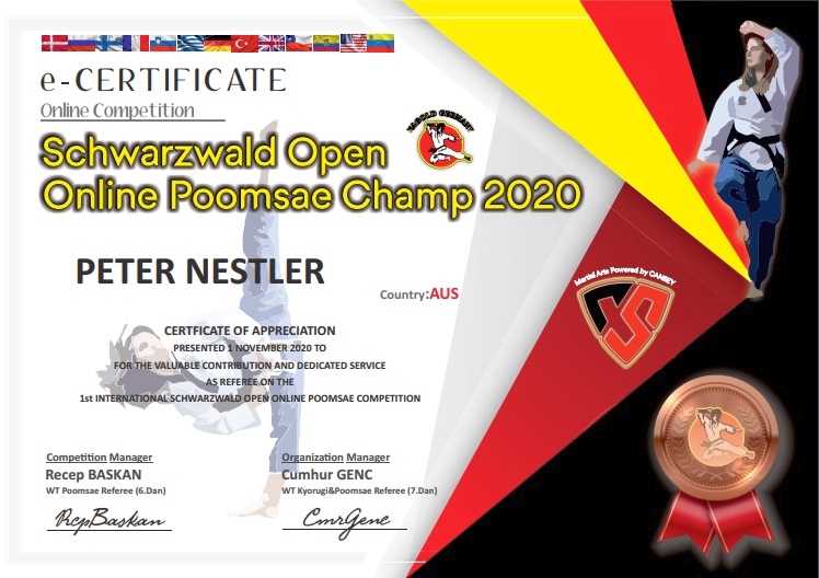 Foto: Schwarzwald Open Poomsae 2020, Referee Certificate Peter Nestler