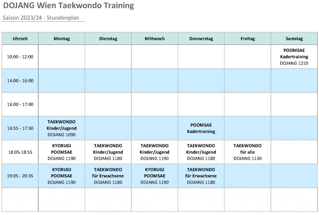Bild: DOJANG Wien Taekwondo Training Stundenplan 2023-24