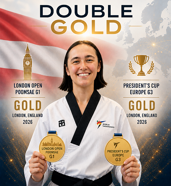 Foto: Doppel-Gold bei London Open Presidents Cup Europe - Poomsae 2026 für Carmina Presinszky © Peter Nestler